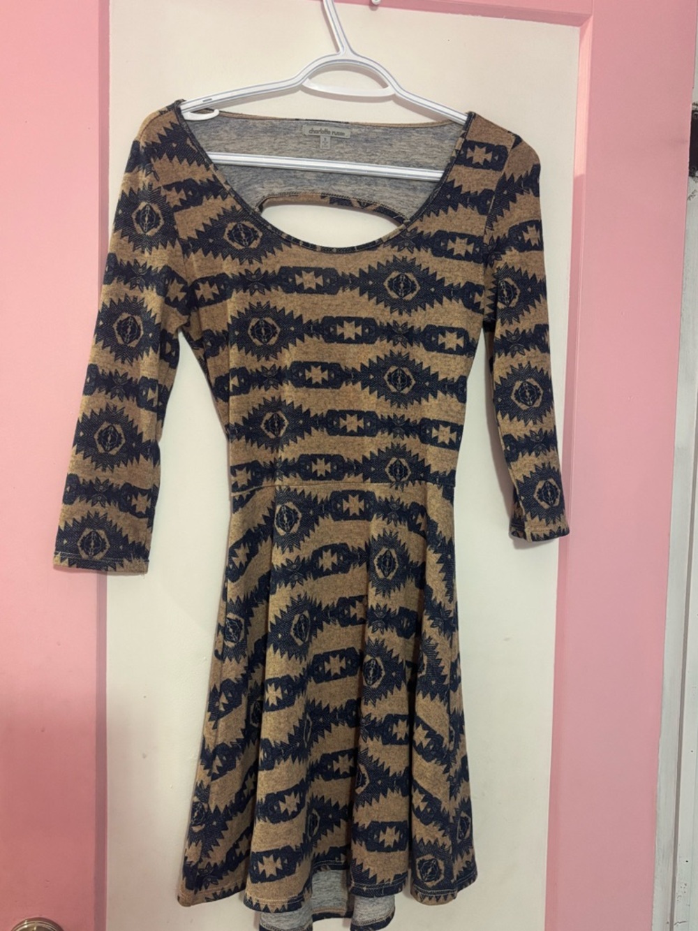 Charlotte Russe Tan and Black Patterned Scoop-Back Skater Dress